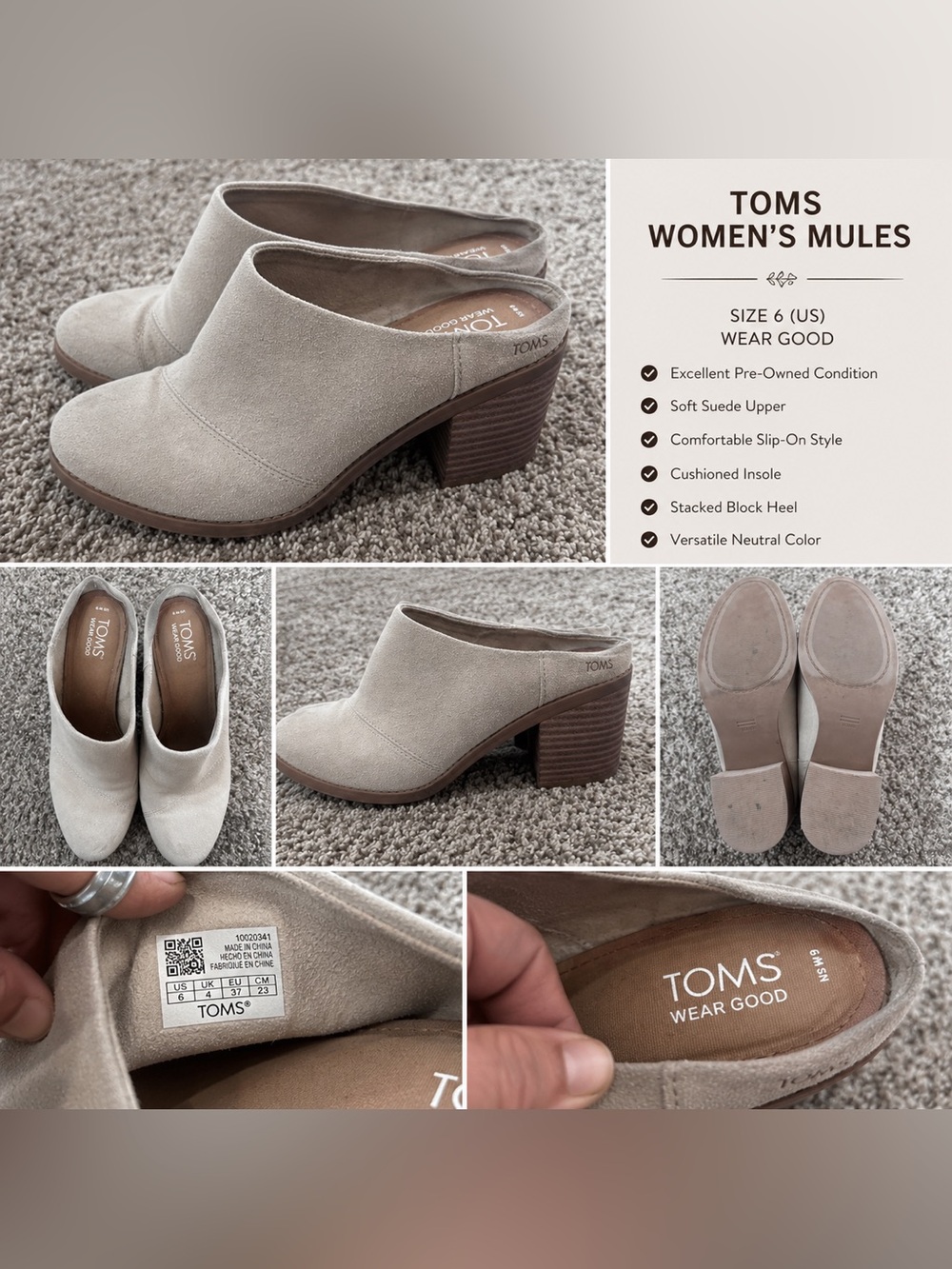 Toms Women's Beige Suede Slip-On Mules with Stacked Heel